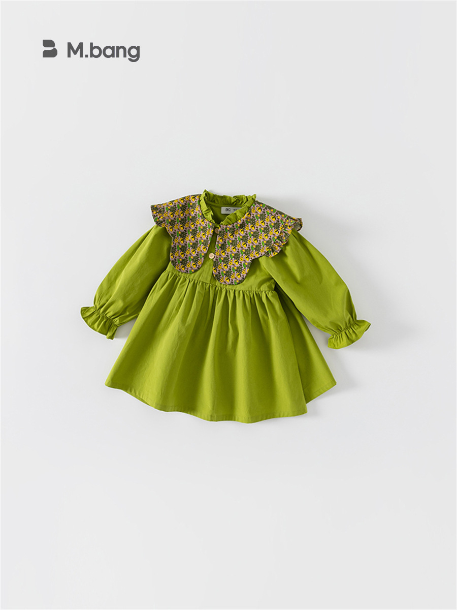 Ropa infantil Youbao, vestido de primavera y otoño estilo coreano para niñas, vestido verde aguacate con estampado floral y solapa grande, vestido para bebés pequeños 2026