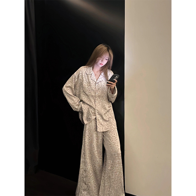 韩系高级感豹纹缎面冰丝睡衣女秋季新款大码长袖长裤家居服两件套|undefined