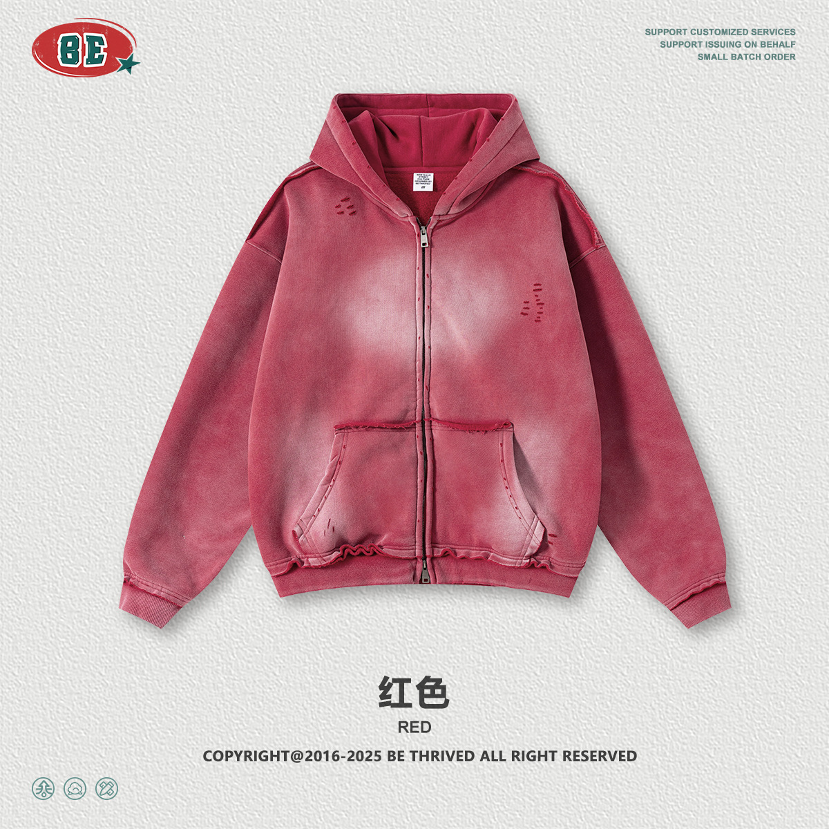 BE ropa de hombre | 2025 otoño marca de moda estadounidense suéter con capucha de calle alta chaqueta de punto con cremallera de borde suelto de mono en aerosol hombre