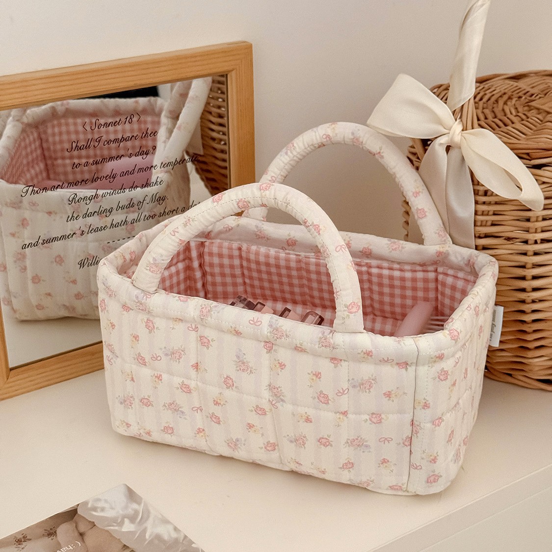 Cross-Border Rose Series Storage Basket New Model Desktop Snack and Miscellaneous Items Organizer Basket Quilted Fabric Home Storage Basket