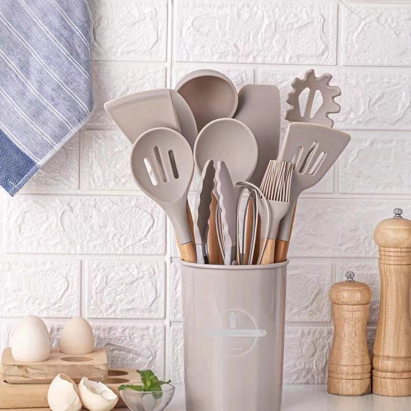 Cocina de silicona mango de madera 12 piezas conjunto de cocina de cocina de cocina antiadherente para hornear verduras fritas especiales