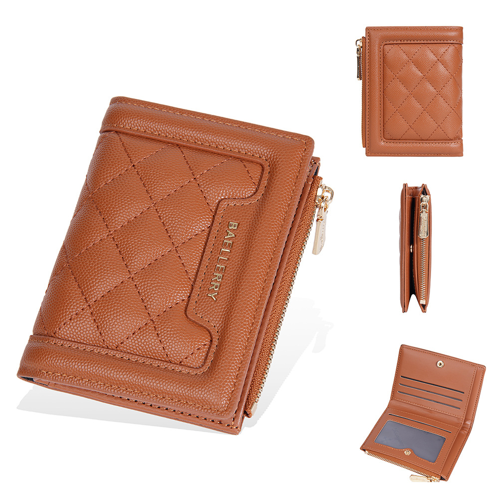 Cartera de mujer Baellerry color cálido monedero corto con cremallera a presión, bolso de tarjeta con patrón de diamante con borde, billetera