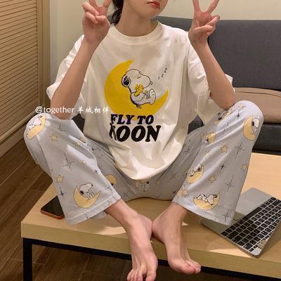 2025 pijamas de mangas cortas de mujer pantalones largos de verano delgados dibujos animados casuales lindos ropa de casa de viento rojo se puede usar fuera
