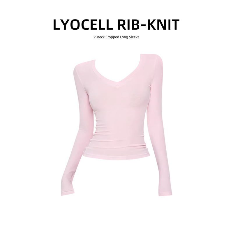 Pink Pure Desire Spicy Girl Base Shirt Tencel Lyocell Long-Sleeve T-Shirt Women's Slim-Fit Top Spring and Autumn Design T-Shirt Pink Pure Desire Spicy Girl Base Shirt Tencel Lyocell Long-Sleeve T-Shirt Women's Slim-Fit Top Spring and Autumn Design T-Shirt