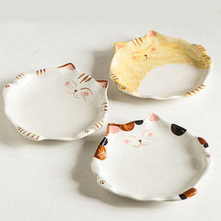 Japanese-style pastoral ceramic underglaze high-looking kitten plate household painted plate vegetable plate fruit salad cereal bowl