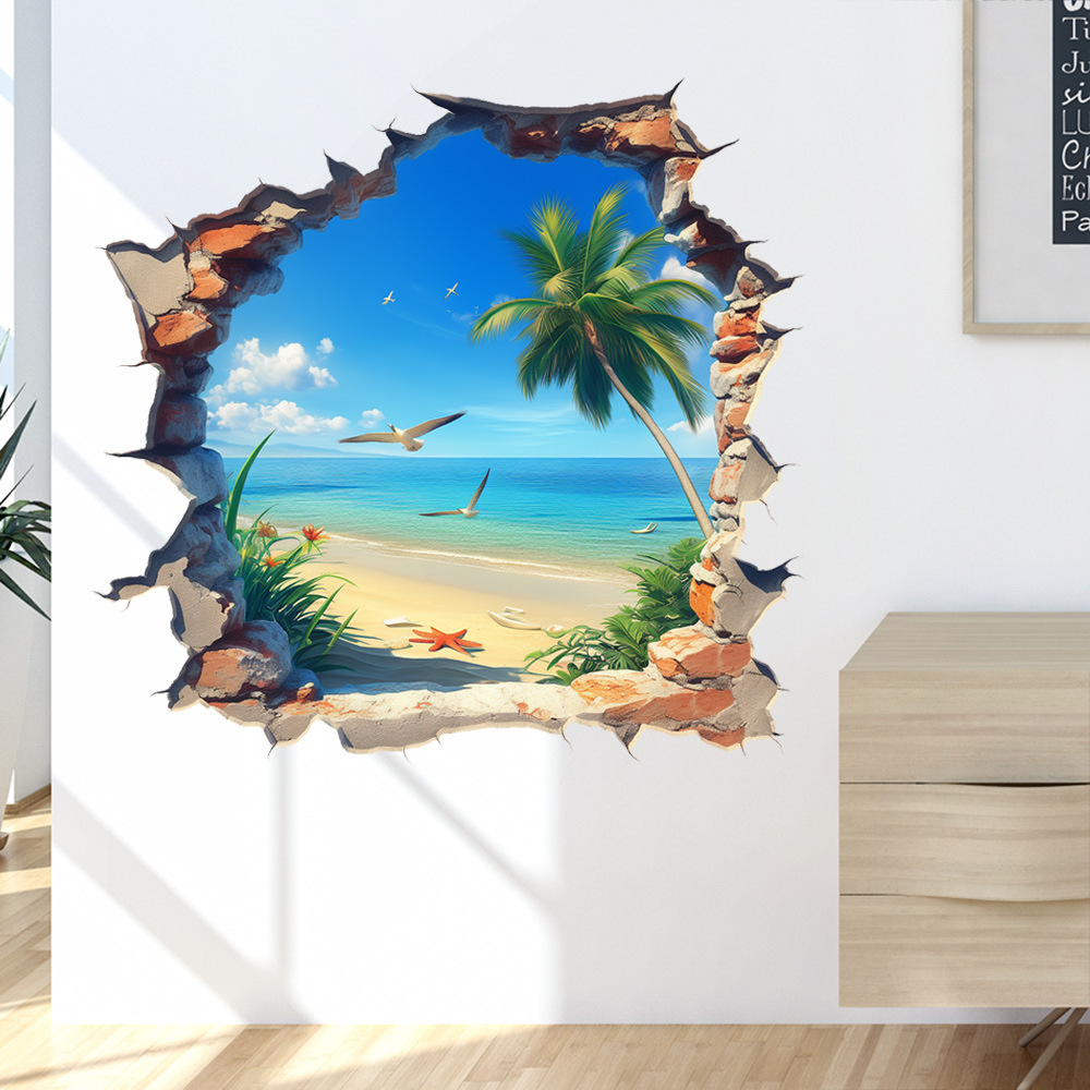 New 3D Wall With Hole Design, Hawaiian Seagull Scenery, Home Background Decoration Sticker_voghion.com