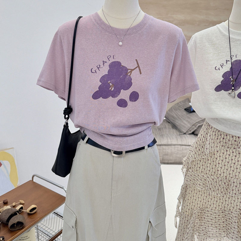 Korean-Style Cartoon Fresh Grape Print Short-Sleeve T-Shirt for Women, Summer Loose Fit Versatile Age-Reducing Top Base Shirt Korean-Style Cartoon Fresh Grape Print Short-Sleeve T-Shirt for Women, Summer Loose Fit Versatile Age-Reducing Top Base Shirt