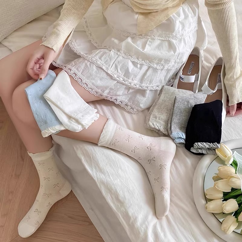 Women's Mid-Calf Bow-Knot Socks with Bubble Hem, Hollowed-Out Mesh Design, Solid Color, in a Sweet College-Style MiU Aesthetic—Chic & Fluffy Long Crew Socks