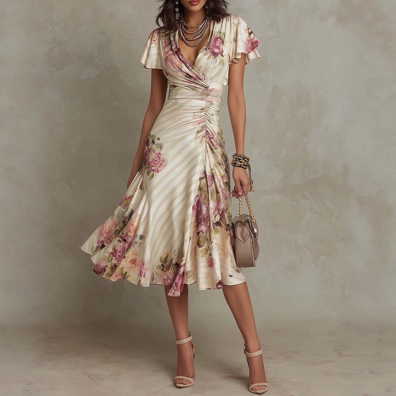 2026 European and American Style Printed V-Neck Waist-Cinching Ruffle Dress, Elegant A-Line Dress with Short Sleeves for Parties