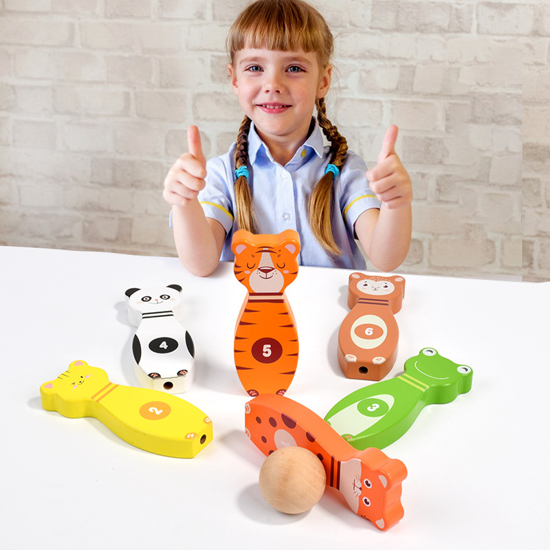 Anillo de bolos de animales de madera Juego interactivo entre padres e hijos para bebés Entrenamiento de agarre de rompecabezas Educación temprana de rompecabezas para niños y niñas