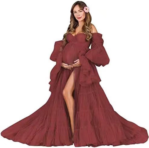 Nuevo cross-border caliente de tela de malla suave para fotos de mujeres embarazadas, vestido de mangas largas, falda de abdomen grande