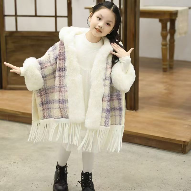 New Children's Shawl Thickened Tassel Cloak Autumn and Winter Plus Velvet Chinese Style Ink Painting Cape Direct Sale