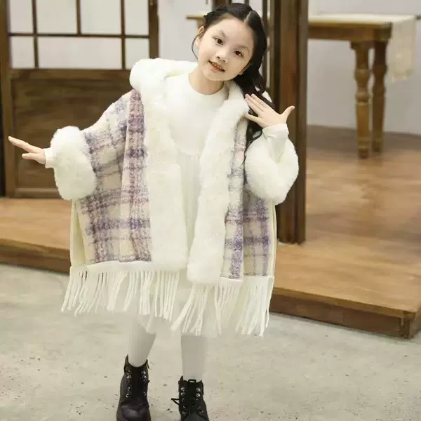 New Children's Shawl Thickened Tassel Cloak Autumn and Winter Plus Velvet Chinese Style Ink Painting Cape Direct Sale