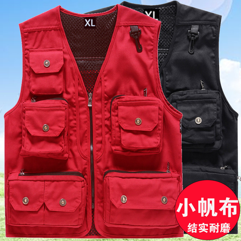 Red Small Canvas Vest Men's Multi-Pocket Waistcoat Vest Multi-Functional Vest Vest Customized Printing LOGO Red Small Canvas Vest Men's Multi-Pocket Waistcoat Vest Multi-Functional Vest Vest Customized Printing LOGO