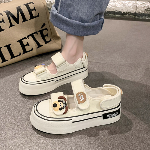 Hong Kong-style white sneakers for women, summer hollow-out breathable design,  new arrival—velcro-fastened canvas board shoes with chunky soles, perfect for students.