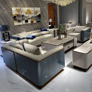 Italian-Style Light Luxury Bentley Genuine Leather Sofa, High-End Modern Large-Sized Designer Villa Living Room Sofa Set