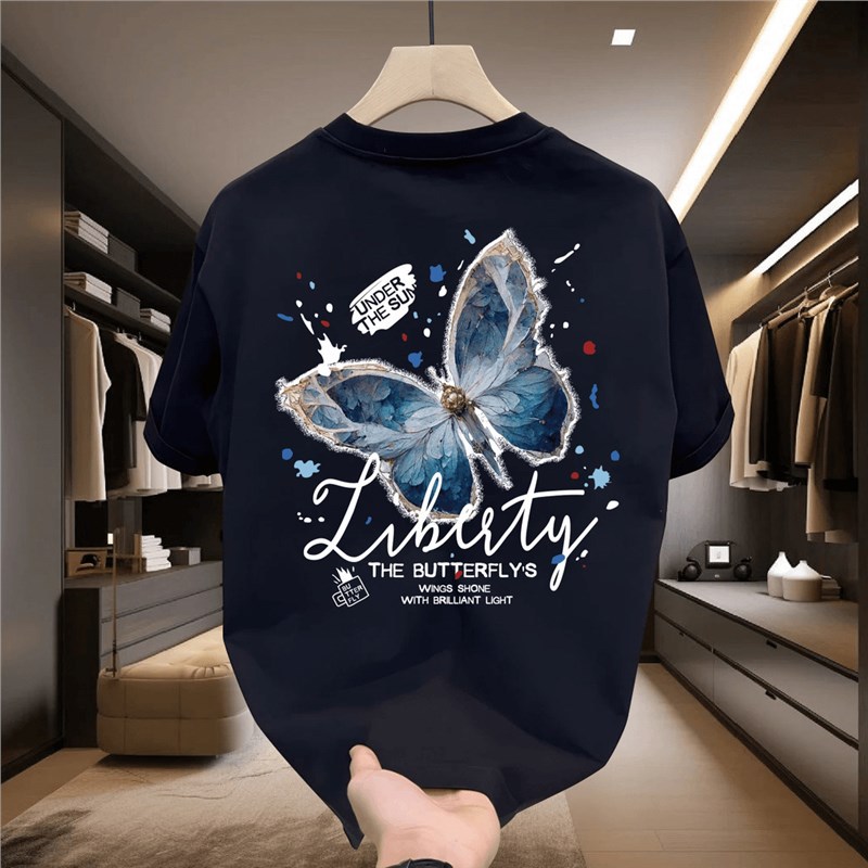 Heavy Cotton Butterfly Trendy Brand Short-sleeved T-shirt Men's Summer New Arrival Hong Kong-style Inspired Plagiano Loose Round Neck Half-sleeved Top