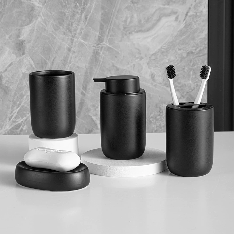 Ceramic Bathroom Set, 4-piece container set — soap dish, pump bottle, toothbrush holder, rinsing cup