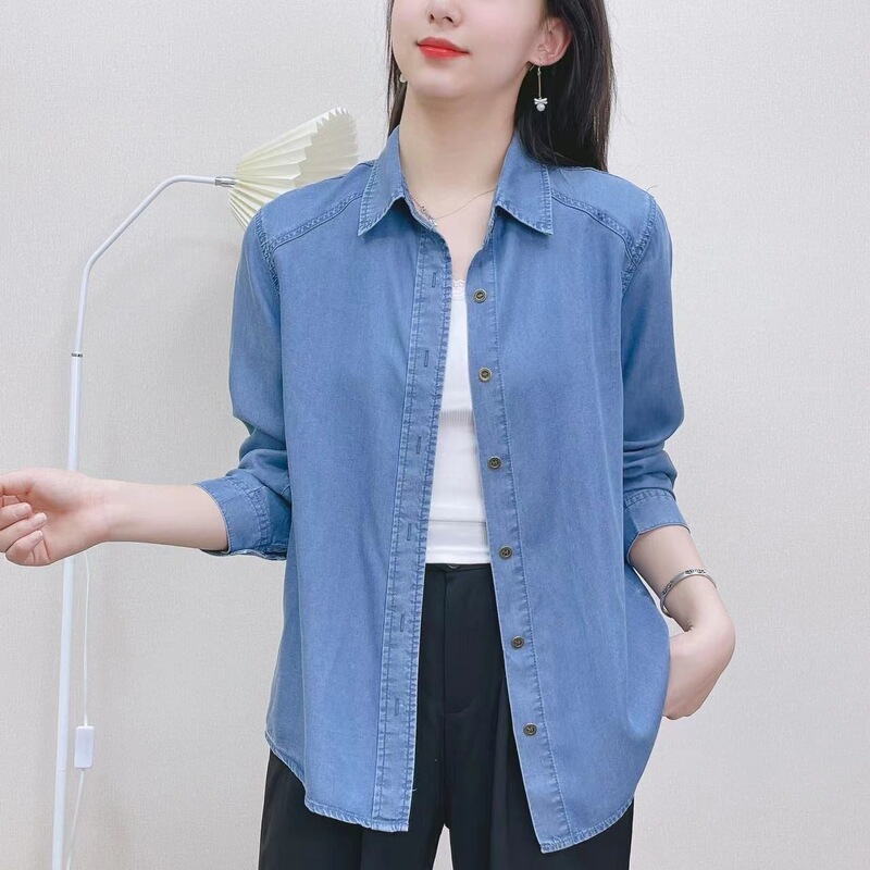 Women's High-End Denim Shirt, Tencel, Light and Soft, New Summer Style, Large Size, Loose Fit, Washed, Stylish, Long Sleeves Women's High-End Denim Shirt, Tencel, Light and Soft, New Summer Style, Large Size, Loose Fit, Washed, Stylish, Long Sleeves