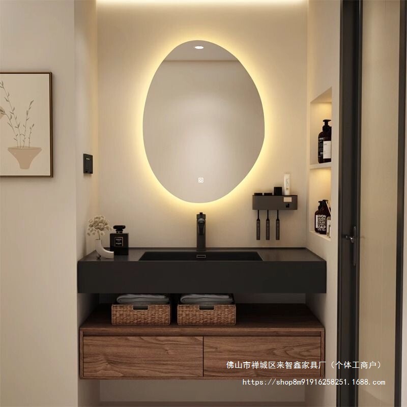 Black Walnut Color Bathroom Cabinet Set, Bathroom Sink, Integrated Rock Washbasin, Nordic Style Sanitary Ware Black Walnut Color Bathroom Cabinet Set, Bathroom Sink, Integrated Rock Washbasin, Nordic Style Sanitary Ware