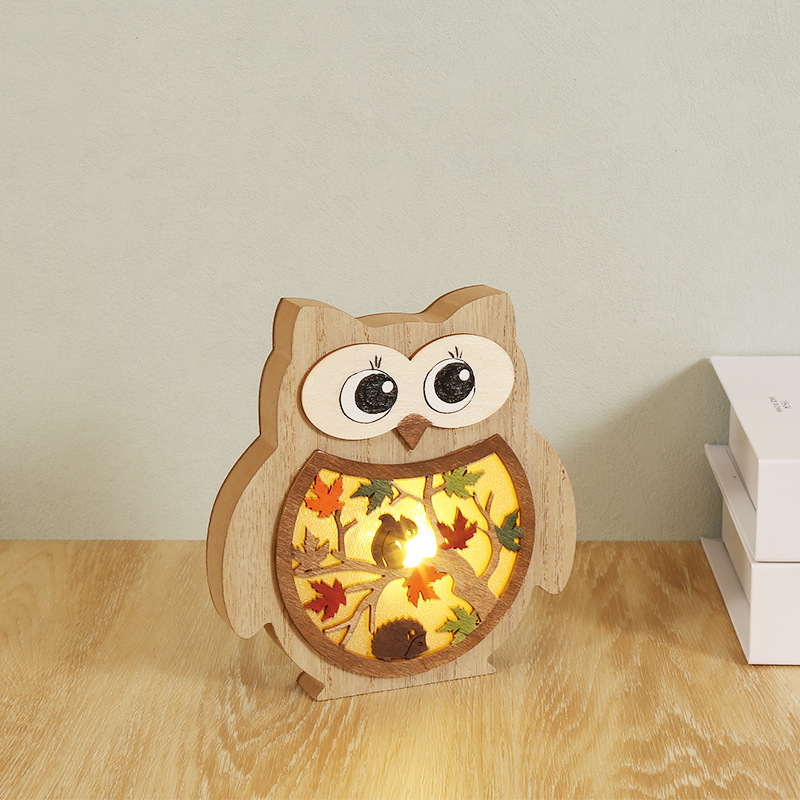 創意木製工芸品フクロウリス置物豊作パーティー装飾木彫り発光家庭置物|undefined