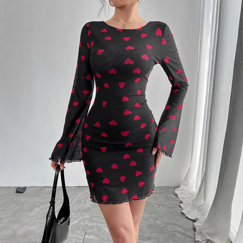European and American Cross-Border Independent Website 2026 Autumn New Women's Heart-Print Flared Sleeve Backless Mesh Dress