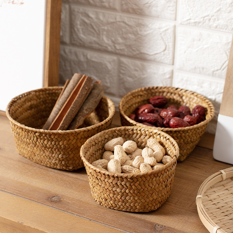 Natural Seagrass Woven Storage Basket Kitchen Ginger and Garlic Basket small size Round Entrance Desktop Sundry Box