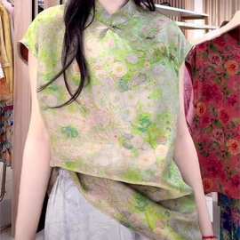 2025夏季短袖改良唐装上衣时髦百搭气质新中式夏款国风绿色衬衣