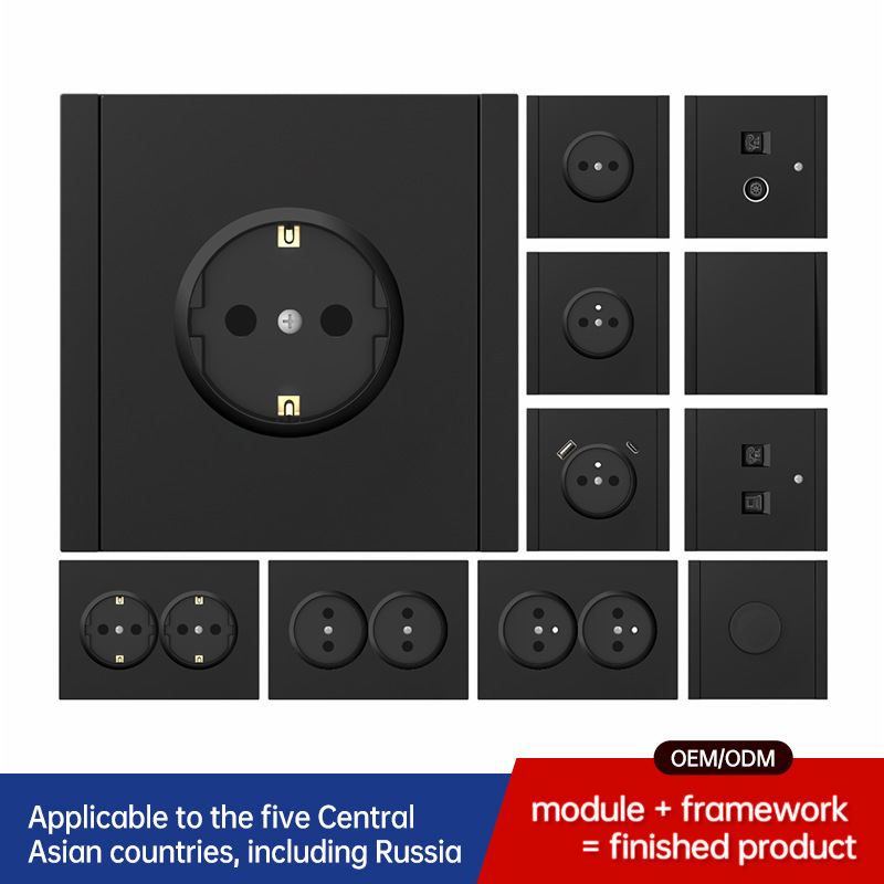 Interruptor de pared estándar europeo enchufe de pared negro alemán enchufe de agujero redondo CE interruptor Euro 16A 250V