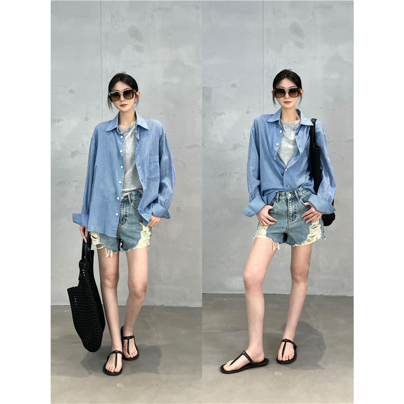 Celebrity Style! Korean Designer 100% Cotton Sea Salt Blue Bubble Gauze Thin Long-Sleeve Shirt for Women, Spring/Summer 2026