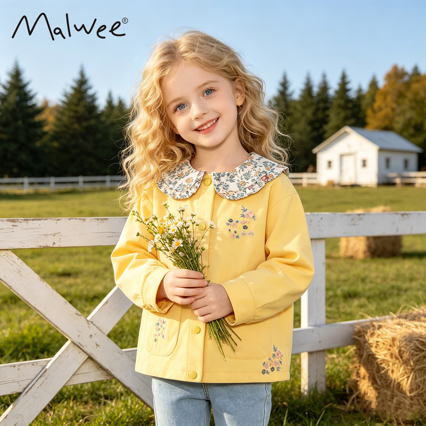 Malwee Girls' Jacket, New Spring and Autumn Style, European and American Style, Stylish Embroidered Long-Sleeved Top for Toddlers
