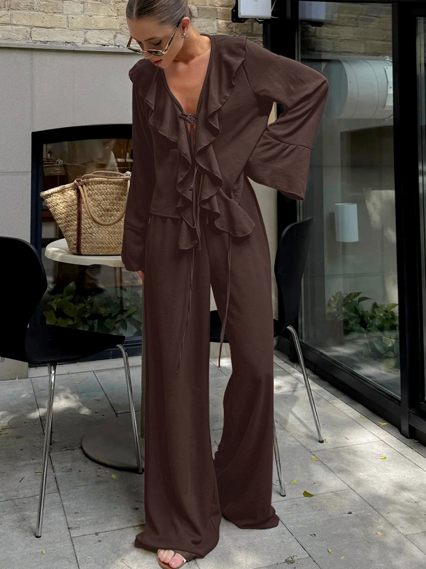 Stylish Autumn New V-Neck Ruffled Long-Sleeve Shirt and High-Waisted Wide-Leg Pants Two-Piece Set 2026 Fashion European and American Style