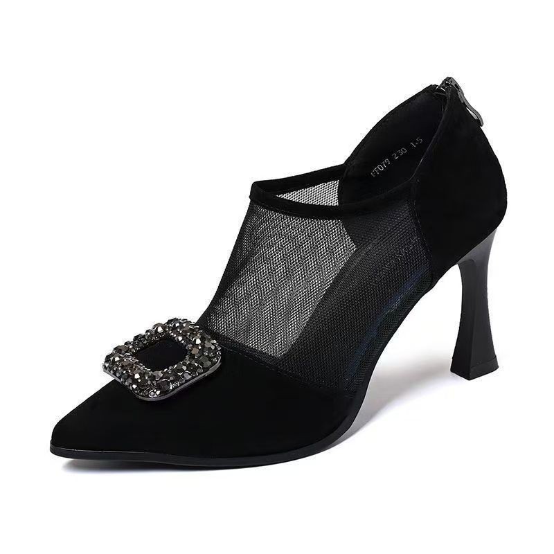 2026 nuevo verano hueco de tacones altos zapatos de mujer puntuación temperamento no se cansa pie de malla de malla de talón fino zapatos de hebilla cuadrada