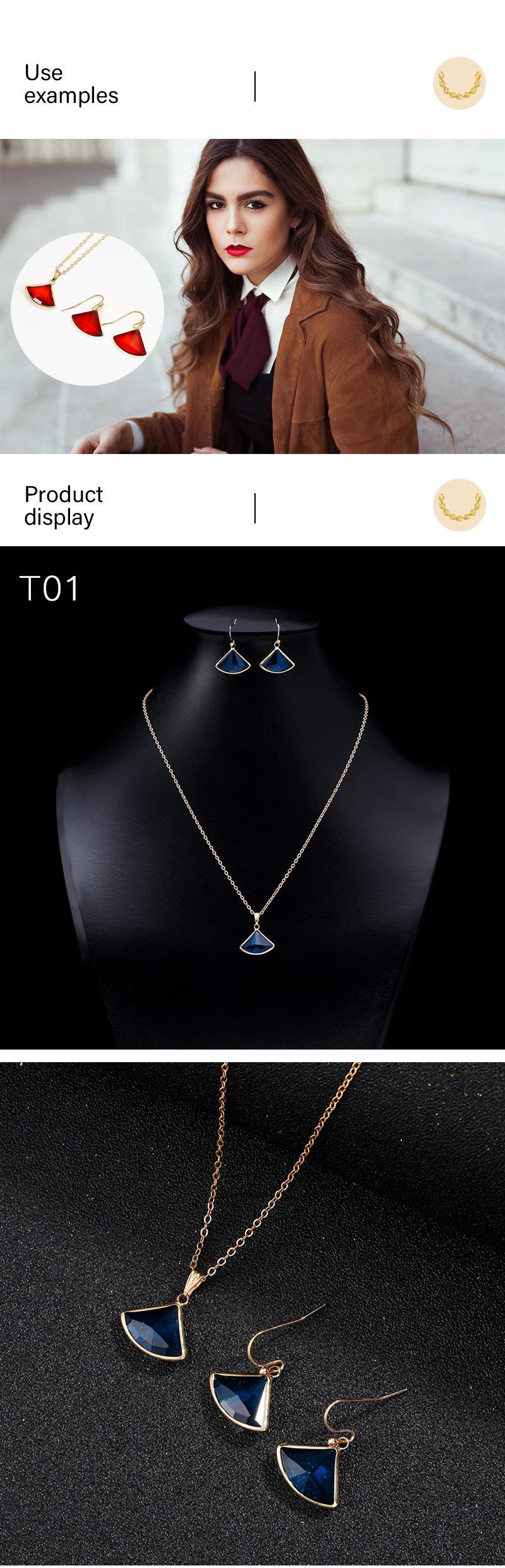 Two-piece Fan-shaped Crystal Glass Necklace Earrings display picture 2
