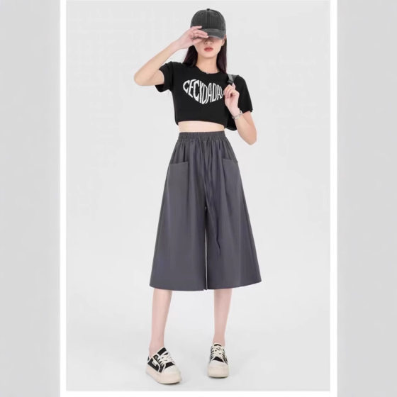 Summer Capri Pants Women's All-match Ice Silk Wrinkle Korean Style New Arrival Casual Pants Loose High Waist Slimming Wide Leg Culottes for Women