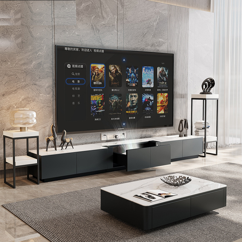 Gabinete de TV láser proyector oculto retráctil eléctrico luz especial piso de lujo gabinete de TV simple Placa de roca gabinete de piso