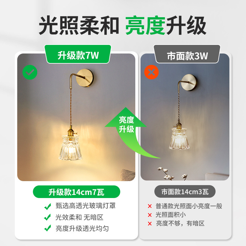 lámpara de pared dormitorio lámpara de cabezal de cama de cobre francés luz de vidrio lujoso luz de atmósfera moderna y minimalista lámpara de pared de fondo de sala de estar L271