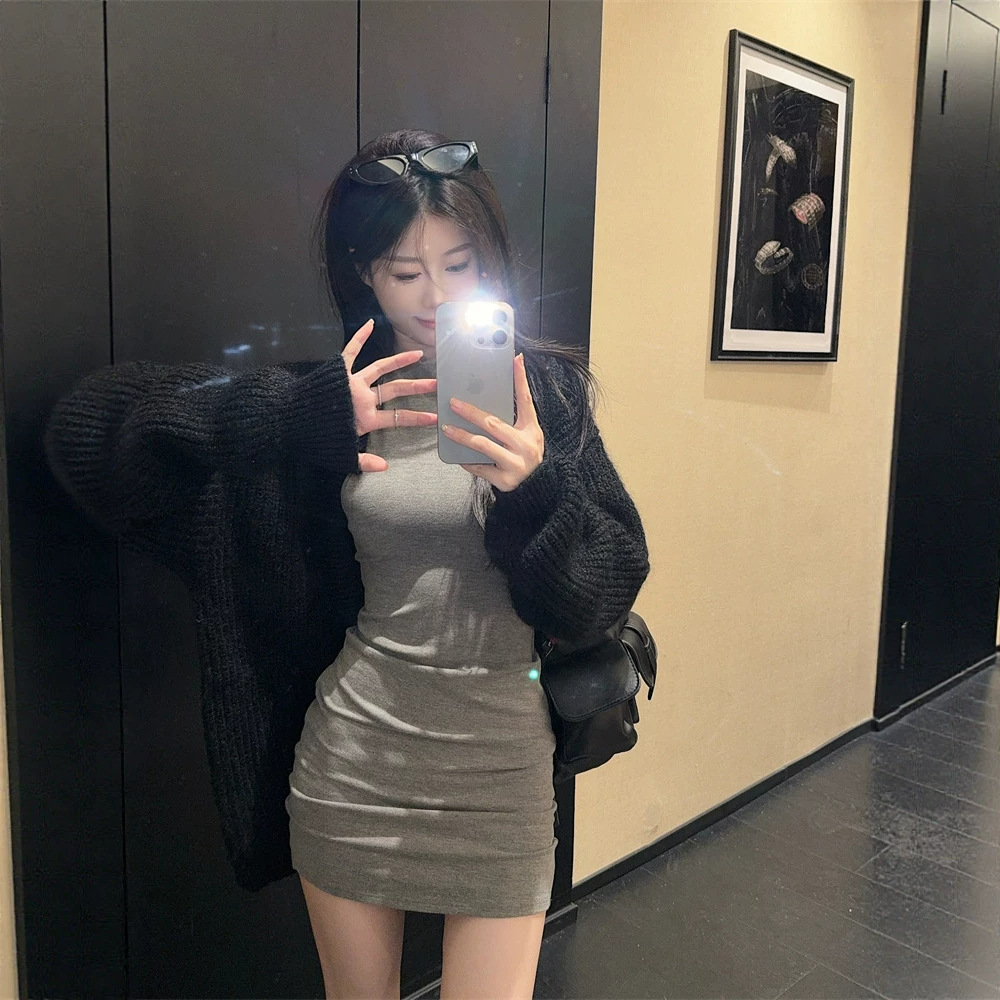 Plus-size women's casual V-neck sweater coat, trendy knit top, and camisole dress two-piece set