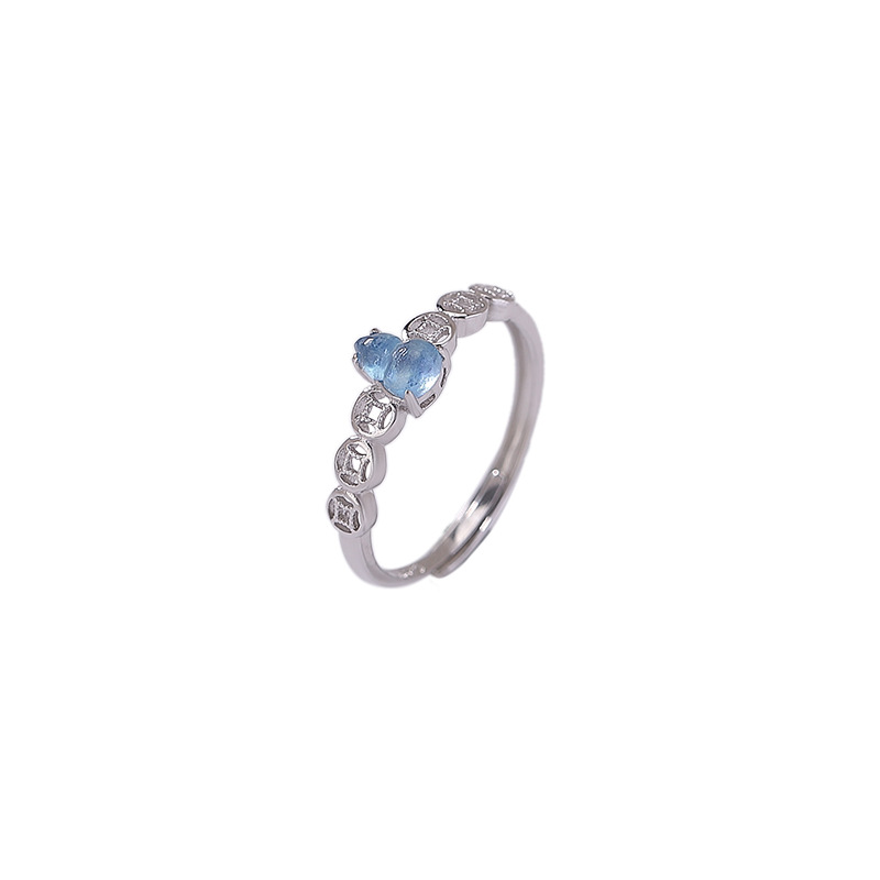 Nhẫn bạc S925 đính đá Aquamarine hình hồ lô phong thủy họa tiết đồng xu chiêu tài, dáng mở điều chỉnh — Một cái