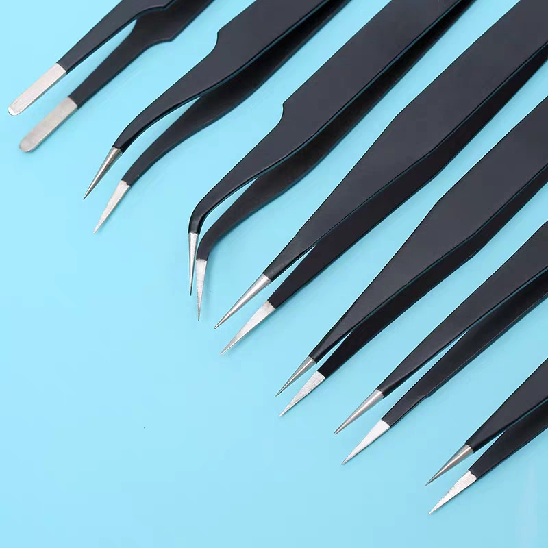 Pinzas antiestáticas de acero inoxidable con puntas curvadas de precisión para pestañas postizas y herramienta para remover el pelo de nido de pájaro.