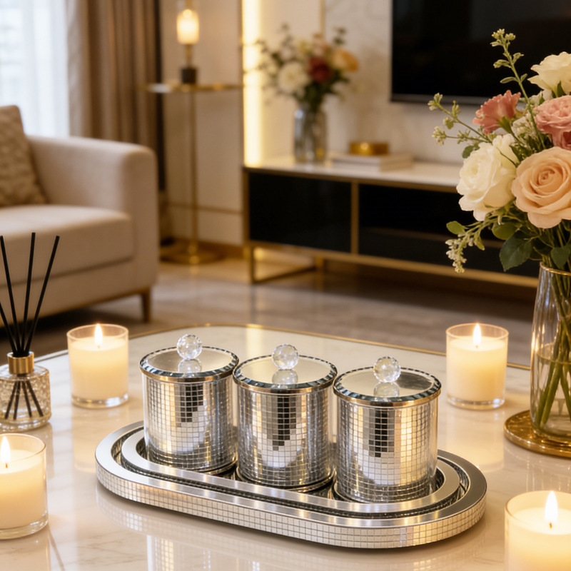 Light Luxury Mirror Storage Jar Tray Set, Living Room Coffee Table Decorative Ornaments, Simple Desktop Storage Jar with Lid