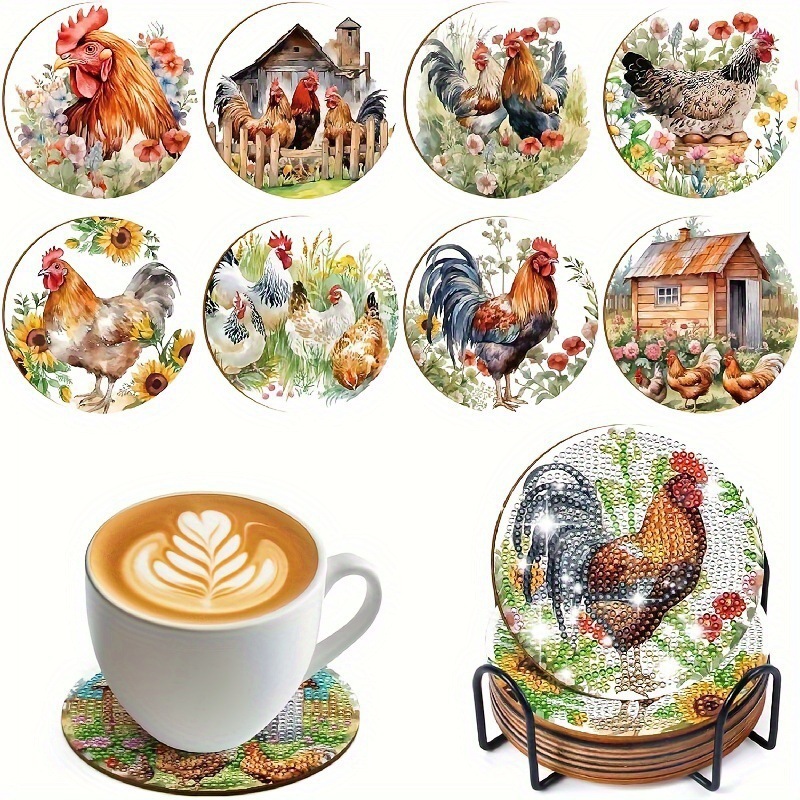 Ventas transfronterizas calientes de 8 piezas de conjunto de cojín de taza de arte de diamante, con soporte, pequeño conjunto de pintura de diamante, adecuado para adultos