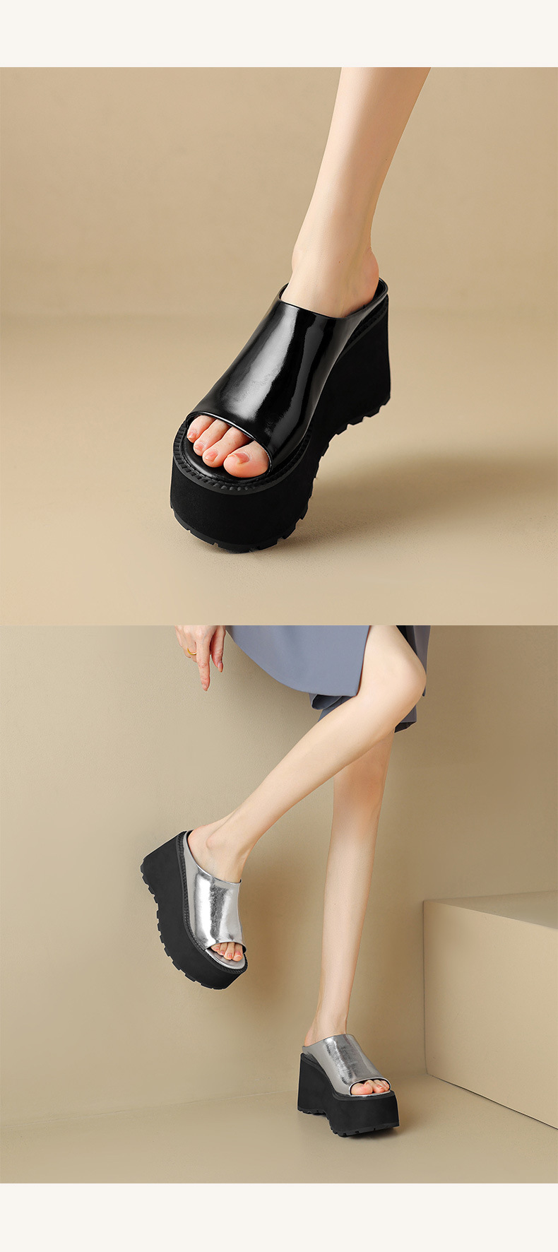 Dép sandal nữ xỏ ngón đế bệt da thật mũi hở phong cách tối giản — màu đen, màu vàng, bạc chi tiết 8