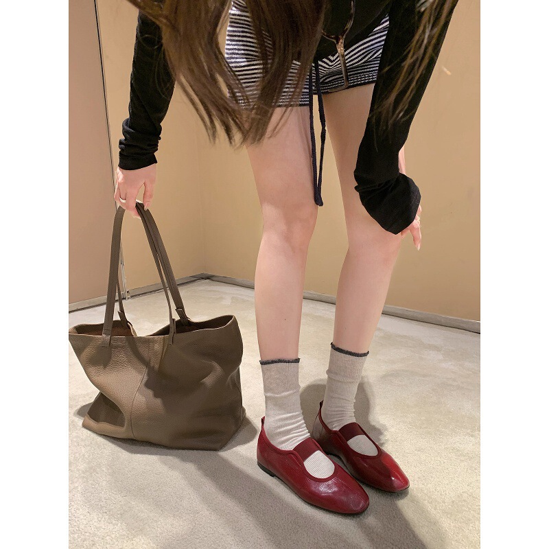 羊皮~葡萄妈同款法式圆头弹力带百搭真皮玛丽珍鞋女平底芭蕾单鞋|undefined