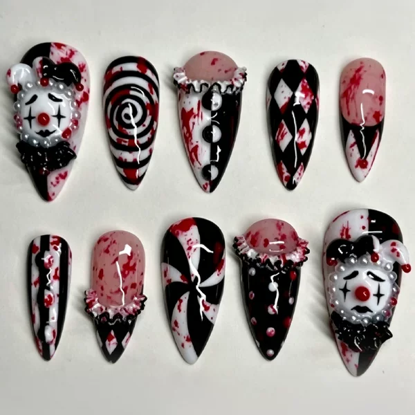 Cross-Border European and American Halloween Hot-Selling Wearable Nails, 30 Pieces, 3D Embossed Dark Clown Nail Stickers, Removable