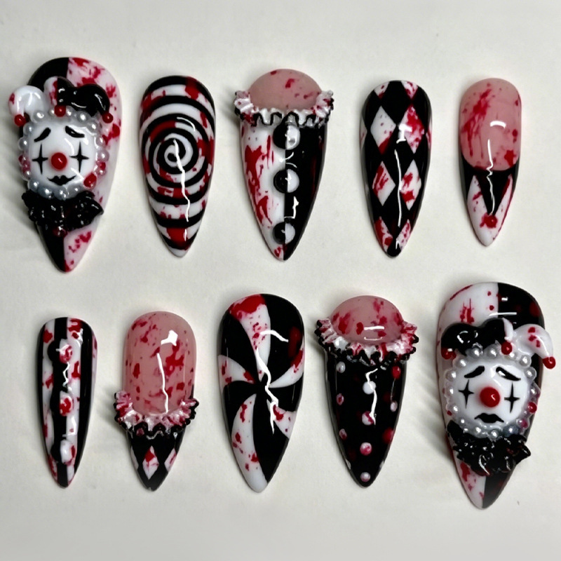 Cross-Border European and American Halloween Hot-Selling Wearable Nails, 30 Pieces, 3D Embossed Dark Clown Nail Stickers, Removable Cross-Border European and American Halloween Hot-Selling Wearable Nails, 30 Pieces, 3D Embossed Dark Clown Nail Stickers, Removable