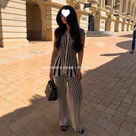 爆款2025欧美跨境夏新款女装条纹无袖剪裁针织上衣长裤套装通勤百