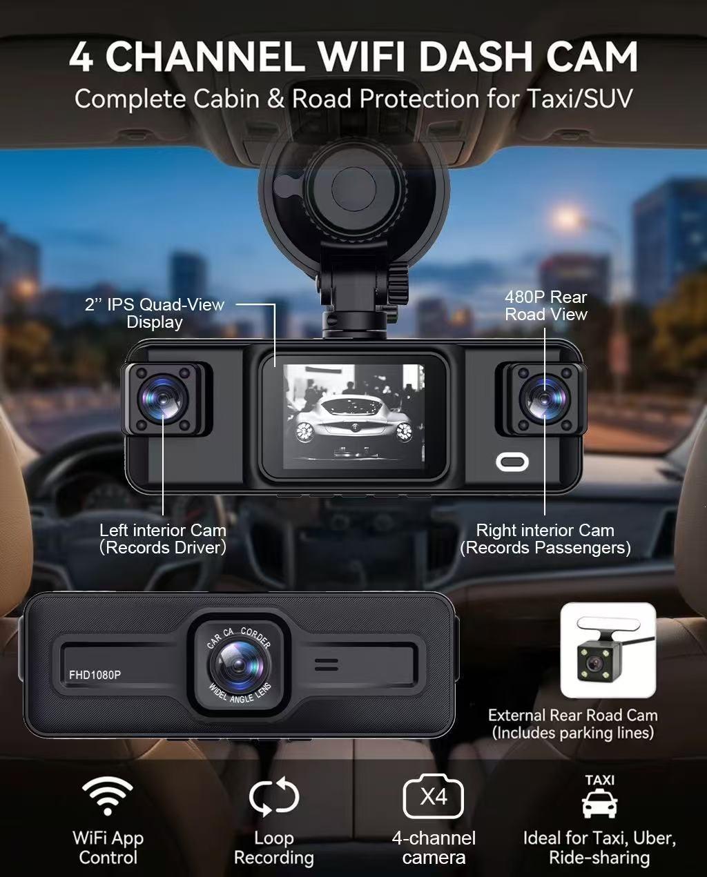 New cross-border dashcam with HD 1080 four-camera recording, WiFi mobile phone connectivity, reversing image, night vision, and four lenses