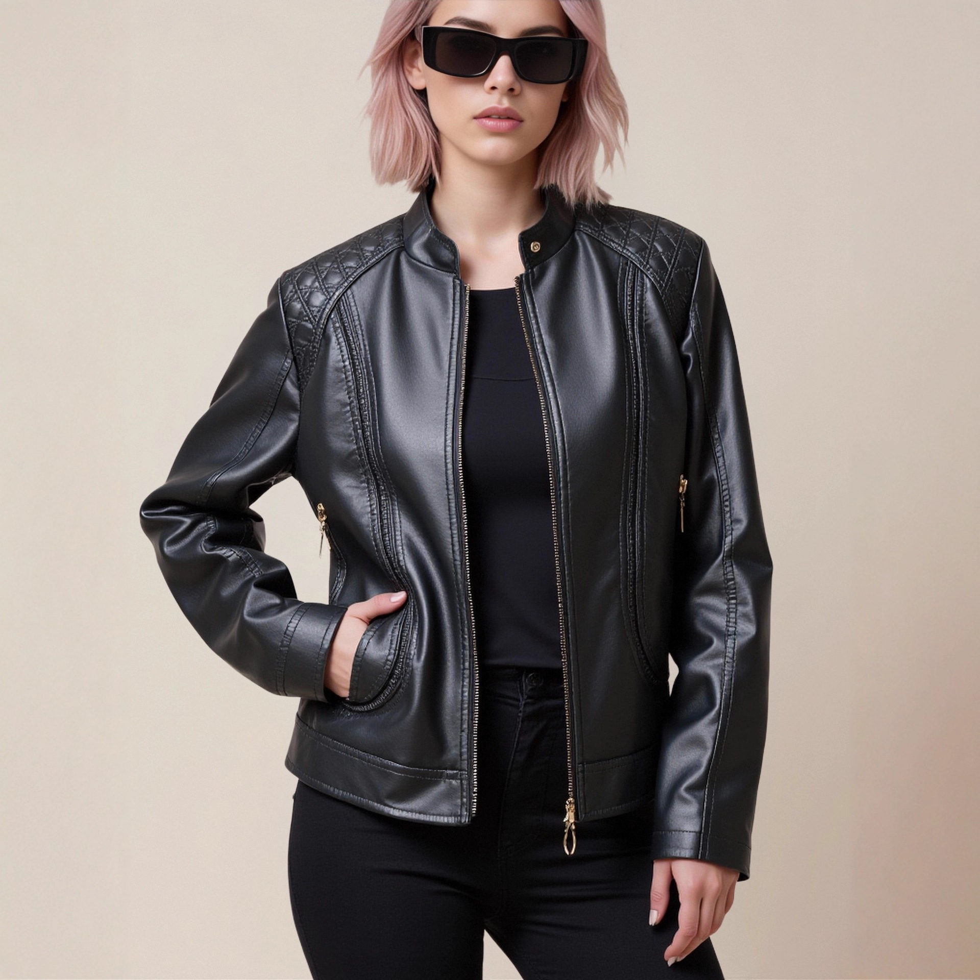 Cross-Border European Size Leather Jacket for Women, Stylish Biker Jacket, Plus-Size Stand Collar Leather Jacket, European and American Pu Leather Jacket, Women's Leather Coat