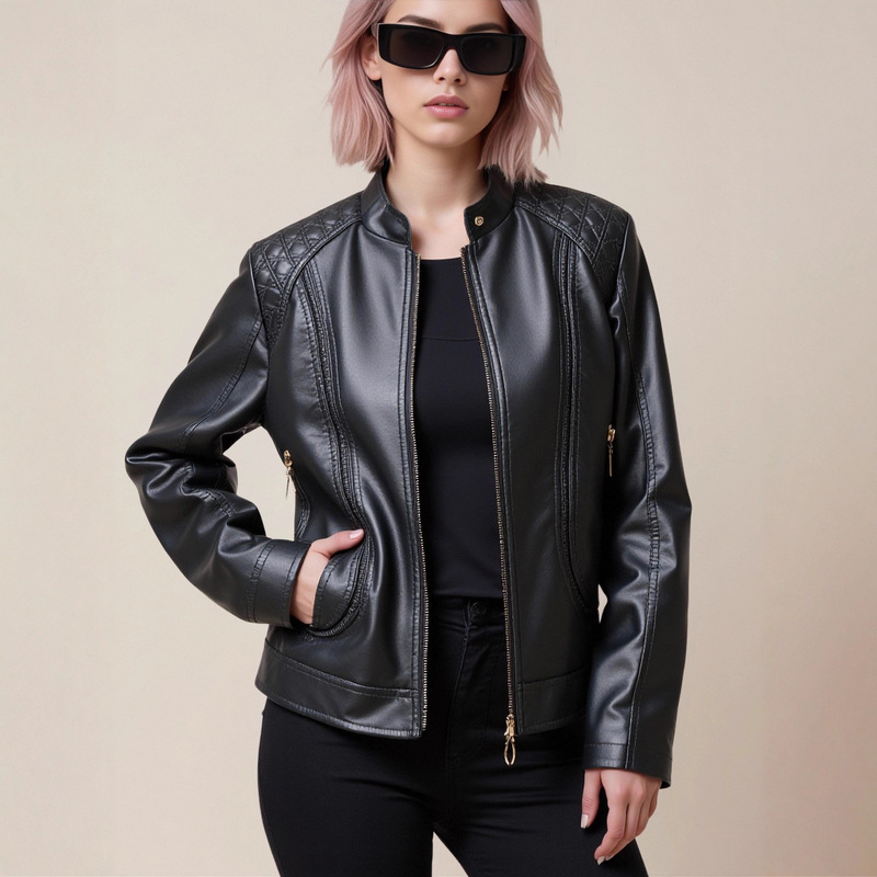 Cross-Border European Size Leather Jacket for Women, Stylish Biker Jacket, Plus-Size Stand Collar Leather Jacket, European and American Pu Leather Jacket, Women's Leather Coat